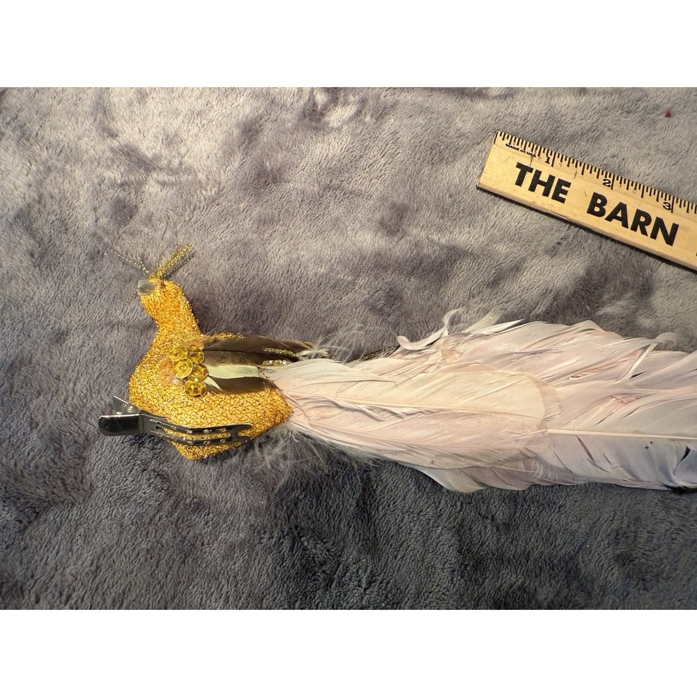 Vintage Gold Pinkish Peacock Real Feathers Clip On Christmas holiday ornament - Picture 7 of 11